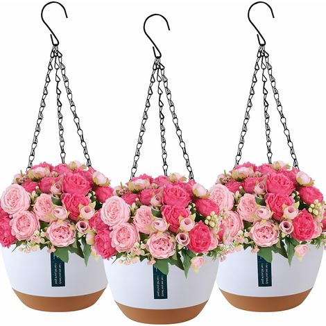 3Pot De Fleur Suspendu Pour Des Cache Pot Plante Interieur Extérieurs,Jardiniere Suspendue Pour Les Plantes,Avec Des Trous de Drainage et Des Plateaux,Des Suspension Plante Exterieur du Jardin(Blanc) (1/5)