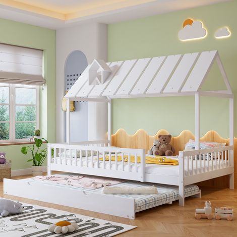 Kinderbett 120x200 cm aus Holz und MDF Weiß mit Ausziehbett, ohne Matratze – MEUBLIV (1/5)