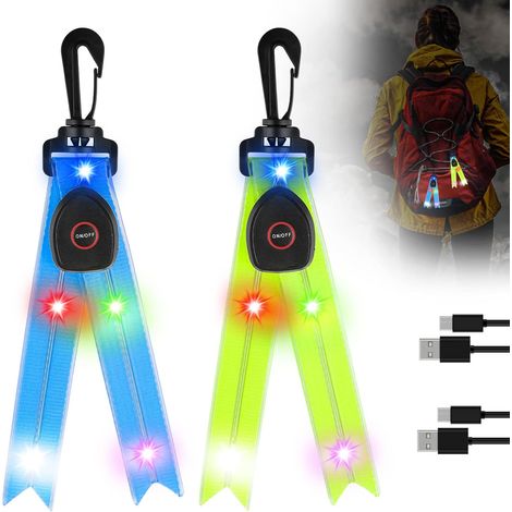 2 pièces lumière clignotante LED avec lumière colorée, rechargeable par USB, réflecteurs pour enfants, lumière clignotante, sac d'école, lumière de sécurité, réflecteur, cintre pour sac d'école, sac à (1/5)