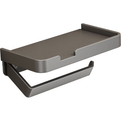 Portarrollos de papel higiénico de pared, sin necesidad de taladrar, fabricado en aluminio gris con estante: un portarrollos que ahorra espacio para el baño. (1/5)