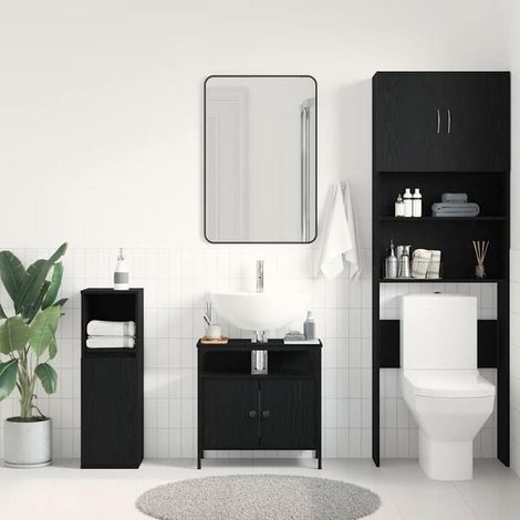 Meuble Vasque Salle de Bain 60x30x60 cm - Armoire de Toilette Suspendue en Chêne avec Lavabo Noir, Design Moderne et Élégant, Rangement Pratique pour WC (1/5)