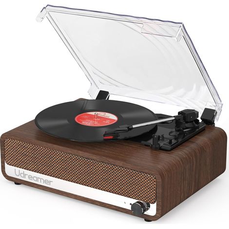 Platine Vinyle Bluetooth Tourne Disque Support USB Aux entrée RCA Ligne de Sortie 3 Vitesses Drive Ceinture Arrêt Automatique Miroir Design Noyer (1/5)