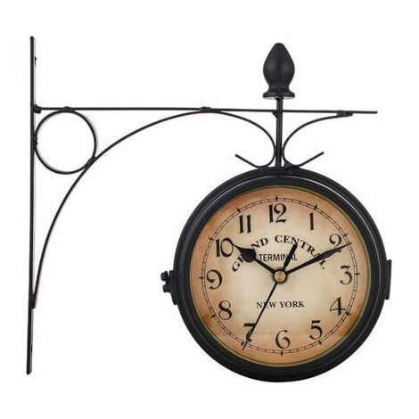 Horloge murale rétro double face étanche – Cadran lisible à 360° – Support métal robuste pour intérieur et extérieur – Idéale pour jardin et véranda (1/4)