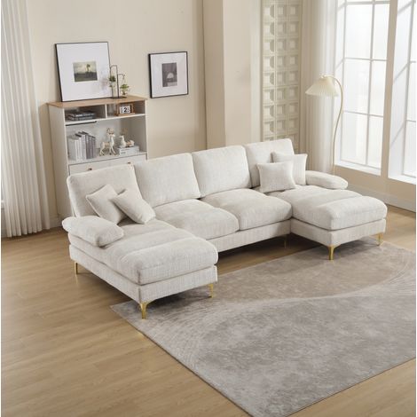 Divano moderno a U in tessuto ciniglia, beige (1/5)