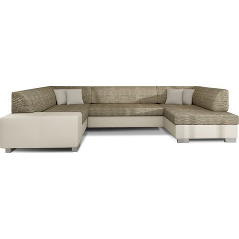 Canapé panoramique convertible HOUSTON en bi-matière avec coffre de rangement à droite-Beige clair/Beige chiné-Coffre à droite (1/5)