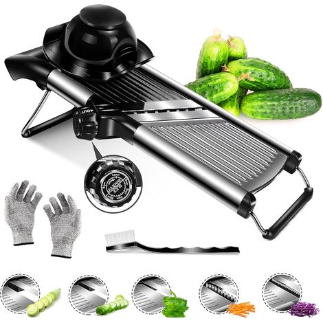 Mandolina ajustable de acero inoxidable con guantes de seguridad y cepillo de limpieza, cortadora de verduras multiusos de acero inoxidable. (1/5)