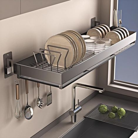 Égouttoir à Vaisselle Mural au-Dessus de l'évier, Organisateur Cuisine Suspendu en Acier Inoxydable avec égouttoir et Crochets, étagère Rangement Peu encombrante(Single Layer,80cm) (1/5)