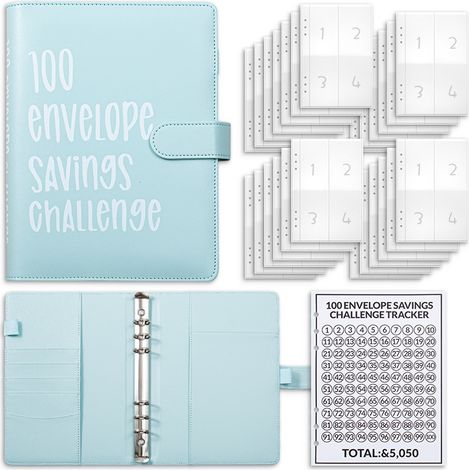 Défi des 100 enveloppes : Carnet d’épargne budgétaire avec enveloppes (bleu) (1/3)