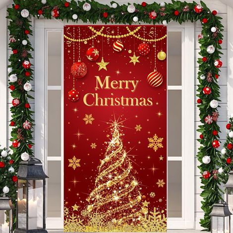 Décorations de Noël 2026 - Bannières, nœuds, décorations de Noël, rideaux de porte - 90 x 190 cm (taille élastique) - QL-24