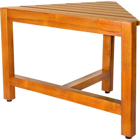 Tabouret de douche d'angle en bois de teck pour se raser avec repose-pieds, taille L Design robuste, cadre triangulaire peu encombrant, pieds antidérapants, facile à nettoyer (1/5)