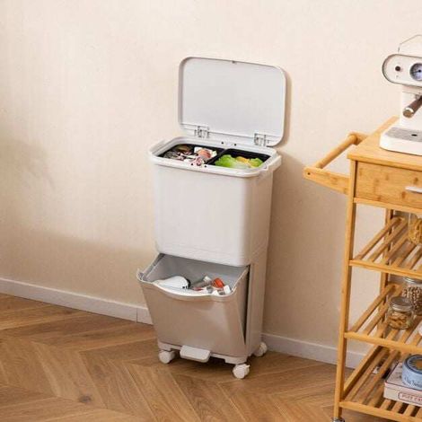 Poubelle de tri noire 24,5 L avec 2 bacs amovibles et compartiment basculant 15,5 L, pédale et 4 roues pour cuisine et salon (1/4)