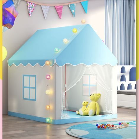 Prinzessin Schloss Spielzelt Blau,Kinderzelt für Mädchen & Jungen, Indoor Spielhaus mit LED-Lichter, 105x120x128cm