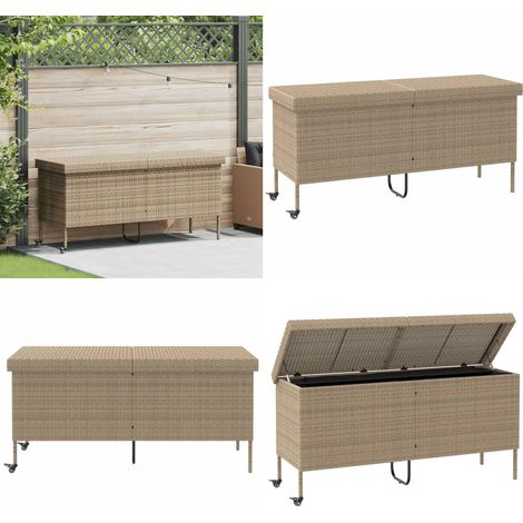 Caja de almacenaje jardín ruedas ratán PE beige 160x55x75 cm - Almacenamiento exterior - Caja de jardín con ruedas