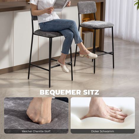 Lot de 2 tabourets de bar rembourrés, chaises hautes pour comptoir cuisine et bar, dossier et repose-pieds, revêtement en tissu et acier, gris (1/5)