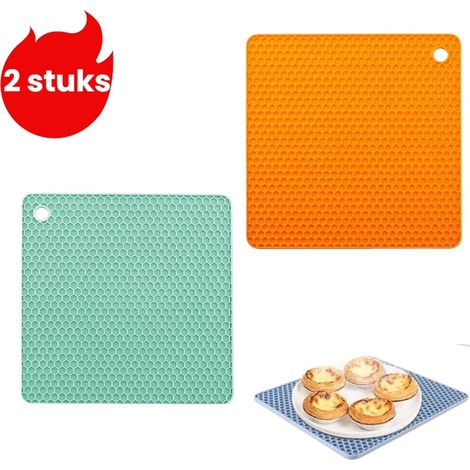 Lot de 2 dessous de plat carrés en silicone alvéolé résistant à la chaleur - Dessous de plat isolant pour casseroles et assiettes - Anti-brûlure - Orange-rouge - Vert menthe (1/5)