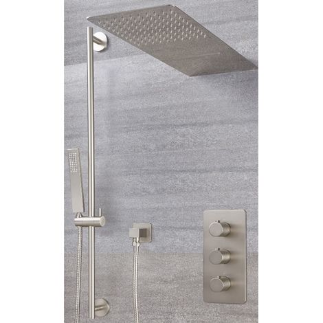 Milano Hunston 3 Outlet Triple Diverter Thermostatic Mixer Shower Valve with Wall Mounted 200mm x 500mm Rainfall & Waterblade Shower Head and Riser Rail Slide Bar Kit – Brushed Nickel (1/5)