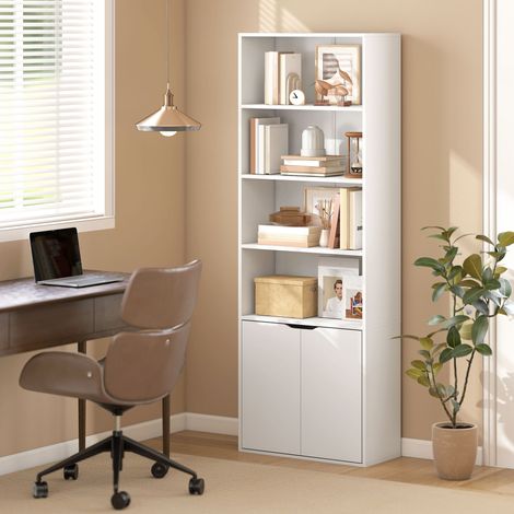 Bibliothèque armoire livres 4 compartiments ouverts 2 portes salon bureau 59×29×180 cm Blanc