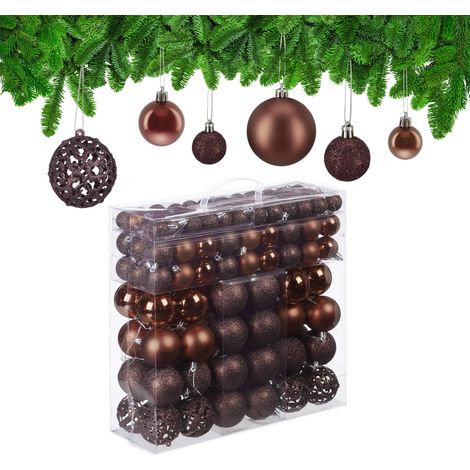 Relaxdays Christmas Baubles Set of 150, Glittering, Matt & Shiny Surfaces, Tree Ornaments, Plastic, ∅ 3, 4 & 6 cm, Brown
