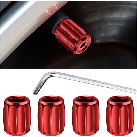 4 Pièces Bouchons De Valve De Pneu, Bouchons Tige De Valve Pneu avec Joint, Bouchons Valve Anti-Vol pour Pneus Voiture avec Clé à Molette, Chapeaux Anti-Poussière Voiture pour Moto(Rouge) (1/5)
