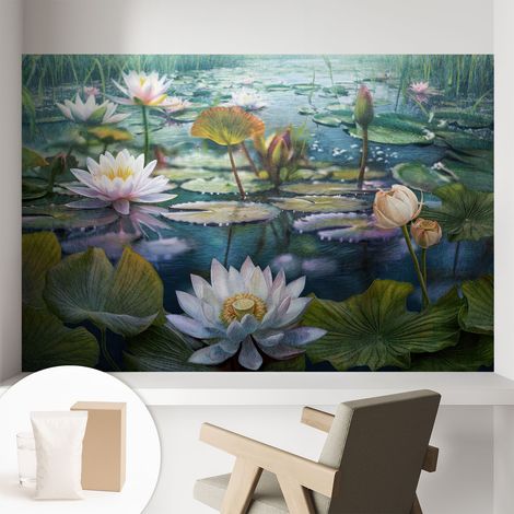 Papier peint intissé décoratif pour salon chambre et cuisine Facile à poser avec colle Fleurs de l'étang 104x70 cm (1/5)