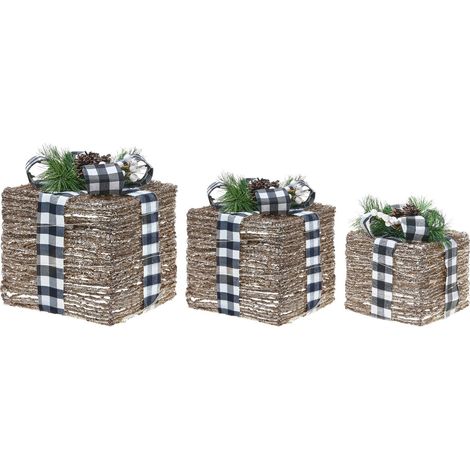Set of 3 Rattan Light-Up Christmas Gift Boxes Brown with LED Lights Holiday Decorations with Bows for Indoor Use ARRESKOV (1/5)