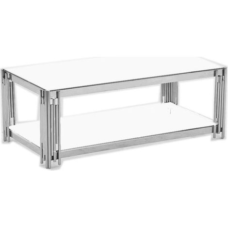 Table Basse FLUTE Rectangle Double Plateau Verre Trempé Blanc Structure Chrome 120x60x45cm (1/5)