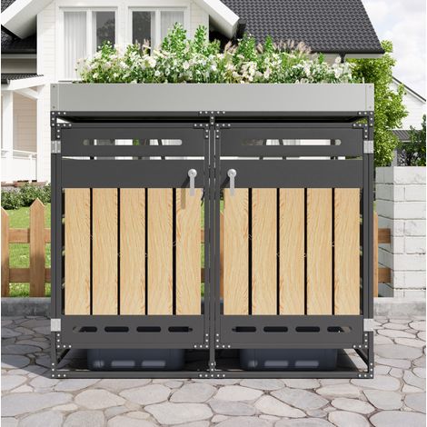 Abri pour 2 poubelles noir en fer avec bac à plantes intégré, ventilation et portes verrouillables (1/5)