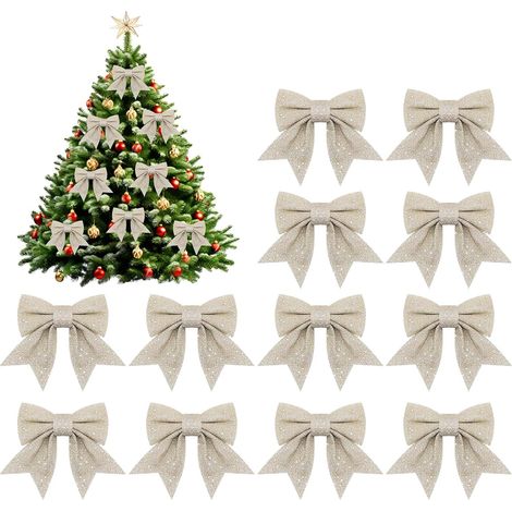 12 glitzernde champagnerfarbene Weihnachtsschleifen, 12 x 15 cm, Christbaumschmuck und Geschenke