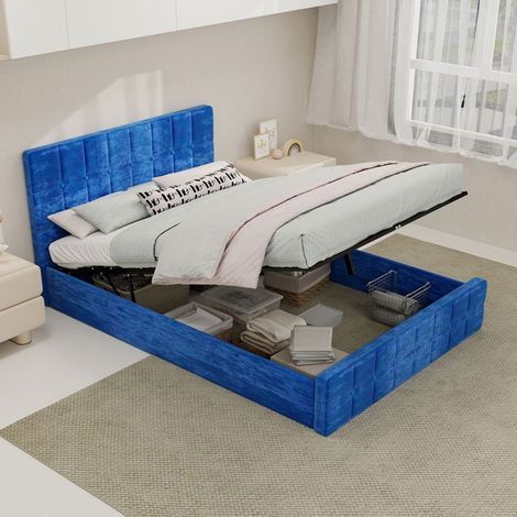 Lit capitonné - 140 x 200 - Rangement intégré - Tête de lit capitonnée - Velours bleu (1/5)