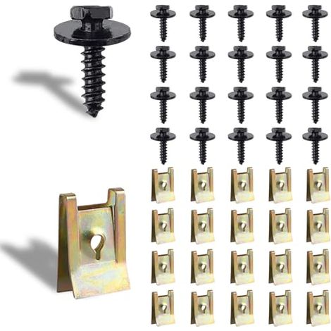 Lot de 40 vis à tôle, 20 vis de carrosserie et 20 clips de fixation de type U, pour la plupart des véhicules (1/5)
