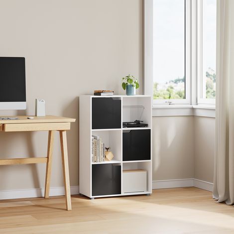 WOLTU Bücherschrank Bücherregal, Aktenschrank mit 3 Türen 6 Fächern, Aufbewahrungsregal Raumteiler Büroregal, für Büro, Arbeitszimmer, Wohnzimmer, 59,6x91x29 cm, Weiß+Schwarz