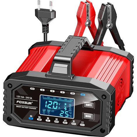 Chargeur portable à écran LCD avec réglage du courant, 15 A, 12 V / 24 V, pour batteries au plomb-acide et au lithium ferrique (LiFePO₄) de voitures, bateaux et motos (1/5)