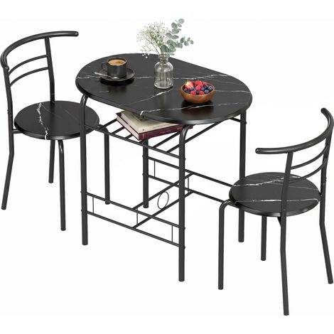 Table de cuisine ronde noire marbrée avec 2 chaises, étagères, ensemble salle à manger 2 personnes, salon, style moderne (1/5)