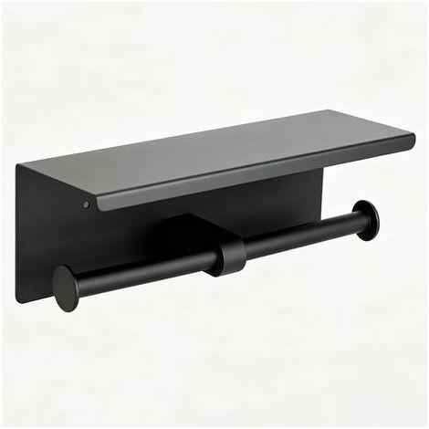 Porte-Papier Toilette Double avec Étagère, Support Papier Toilette Mural en Acier Inoxydable, Installation Adhésive ou avec Perçage, Porte-Rouleau WC pour Salle de Bain ou Cuisine, Noir (1/5)