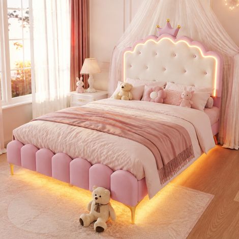 Prinzessinnenbett 140x200 cm Rosa PU mit Lattenrost und per App steuerbarem Ambiente-Licht (1/5)