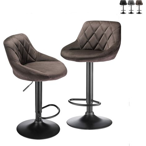Lot de 2 Tabouret de Bar avec Dossier et Repose-Pied, Hauteur Réglable, Siège en Velours, Marron (1/5)