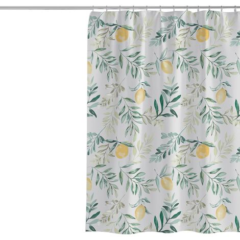 Filiyano-Rideau de douche jaune citron, motif feuilles vertes et fruits frais, en polyester imperméable, 183 x 183 cm, avec crochets, pour salle de (1/4)