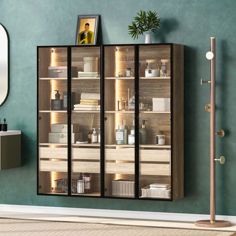 Set di 2 mobili contenitori da bagno medi, 4 cassetti grandi + 8 ripiani + 4 ante in vetro + striscia luminosa a LED, mobili da bagno/cucina/camera da letto, 148x36x155 cm, marrone