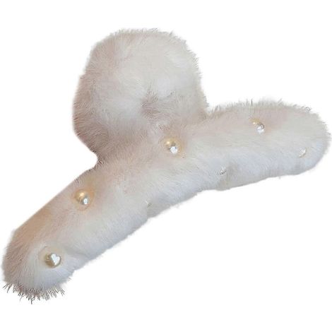 Pince à cheveux pour femme, ornée de fausses perles, recouverte de peluche, antidérapante, à dents arrière.-Beige (1/5)