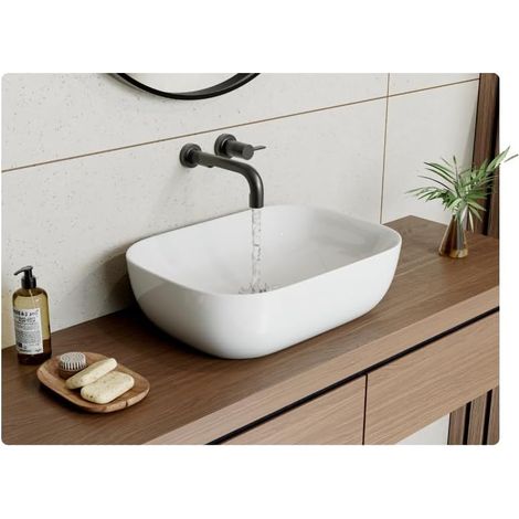 HOROW 460 x 330 mm Countertop Basin, White Ceramic Vessel Basin with Slim Edge, Space-Saving Wash Bowl for Cloakrooms & Small Bathrooms, Nano-Glazed Easy Clean Finish (1/5)