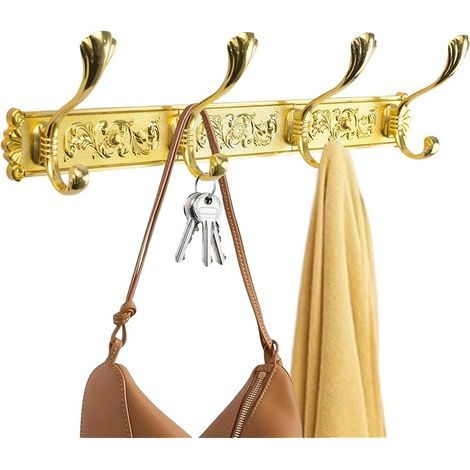 1 porte-manteau mural vintage doré décoratif avec 4 crochets, porte-serviettes antiques, crochet épais en aluminium solide pour salle de bain, salon, chambre à coucher, entrée (1/5)