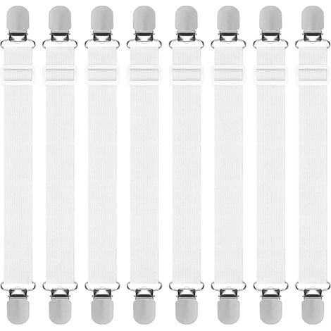 Set of 8 Fitted Sheet Adjusters, Adjustable Elastic Sheet Straps, Adjustable Sheet Tensioners with Metal Clips, for Bed or Corner Sofa, Armchair, Cushion, Mattress (White) (1/5)