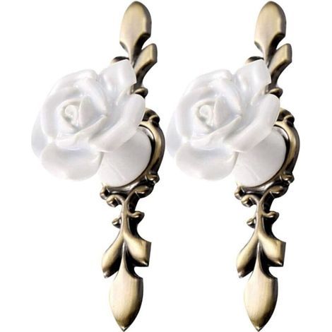 2Pcs Boutons de Meuble à Fleurs en Céramique Vintage Rose Forme Armoire Tire Poignée de Porte pour Meubles de Placard de Cuisine (Bronze Blanc) (1/4)