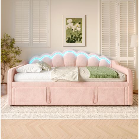 DESVIAE Lit de jour avec lit gigogne canapé lit en velours tête de lit ondulée avec bande LED multicolore 90 x 200 cm extensible 180 x 200 cm rose (1/5)