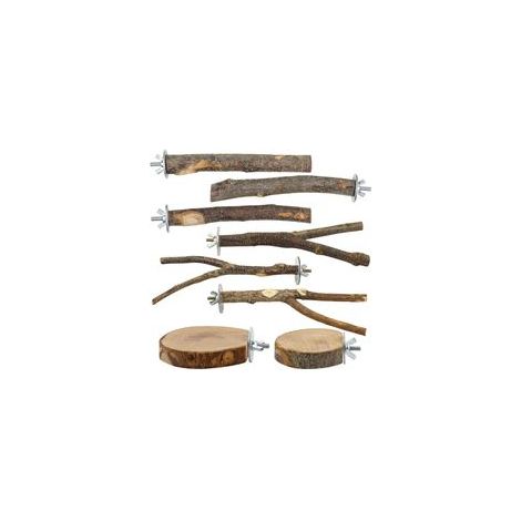 Set di 8 posatoi per uccelli in legno naturale - Supporto per pappagalli in legno con forchetta giocattolo, piattaforma sospesa a più rami, amaca - Adatto a parrocchetti e ondulati - Accessori resiste