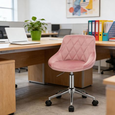 Silla de oficina con ruedas, regulable y giratoria, terciopelo rosa, base metálica, OKMYHOME (1/5)