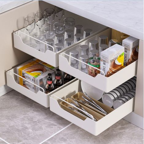 4PCS Pull Out Kitchen Cupboard Organiser Scalable Cupboard Storage Organiser Adjustable Kitchen Cupboard Storage No Drilling and Nailing Required White 42 25 6.8CM (1/5)
