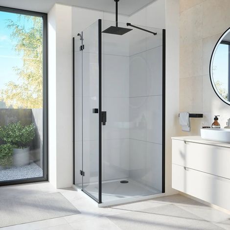 Cabine de douche 70x90 cm avec ouverture battante côté gauche avec charnières et paroi fixe profilés noir mat et verre transparent 8 mm h195 Fiji (1/3)