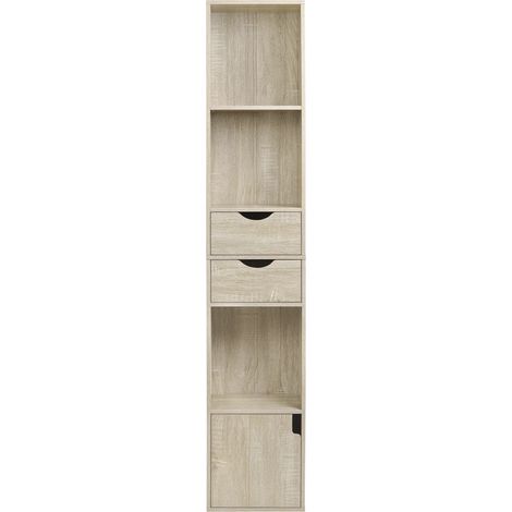 Librería estrecha alta con 3 huecos, 2 cajones y puerta en madera roble claro (1/5)