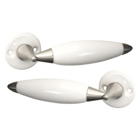 Ouvre&Déco – Poignées de porte ATHENA sans trou – Porcelaine blanche et zamak nickel mat – Design réversible pour installation droite/gauche